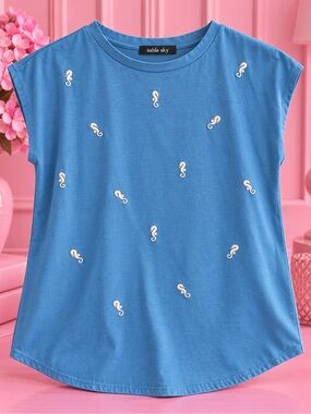 Sable Sky Blue Short Sleeve Tee with White Seahorse Embroidery